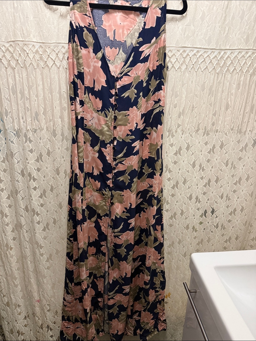 Reverse Navy Dress with Pink Floral Print